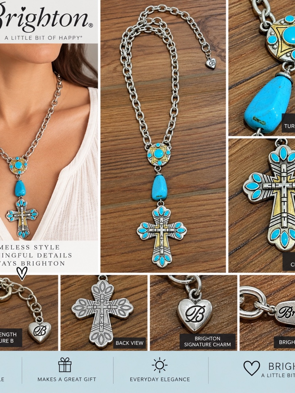 Brighton Silver Chain Necklace with Turquoise and Gold-Accent Cross Pendant